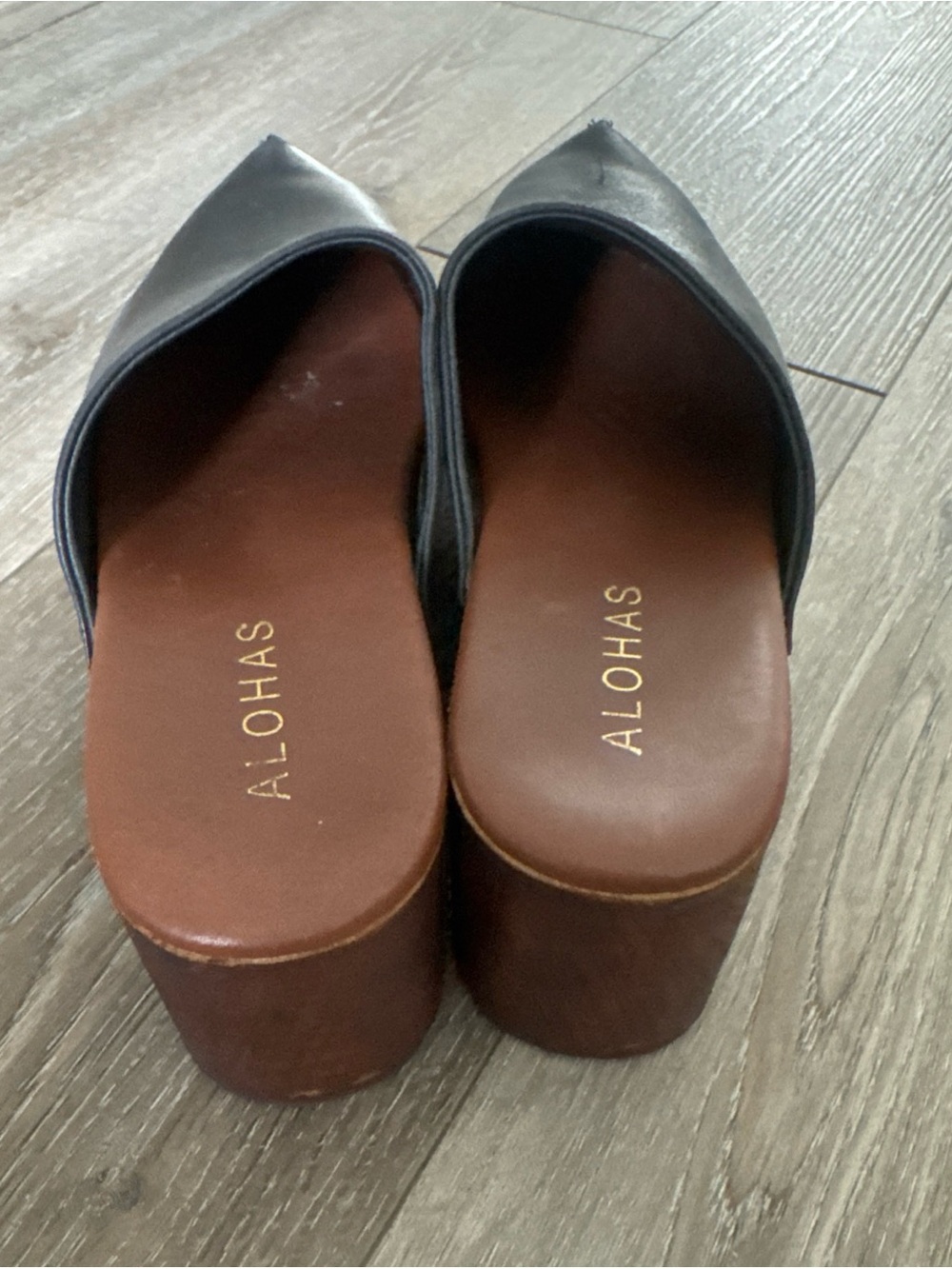 Alohas Womens Harley Studded Leather Wooden Platform Clogs Black Brown Size 38 - Picture 3 of 7